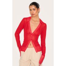 Tall Blouse en mesh rouge à boutons devant, Rouge
