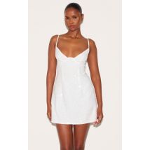 Robe moulante texturée blanche pailletée à bretelles fines et détails corset, Blanc