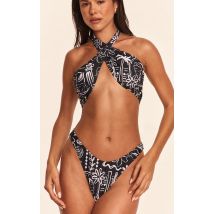 Bas de maillot de bain tanga noir et blanc fleuri, Noir