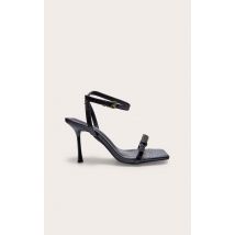 Sandales carrées en PU noir effet croco à talon aiguille haut et double boucles, Noir