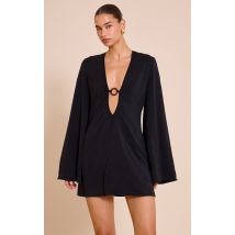 Mini robe trapèze fluide tissée noire à décolleté et anneau, Noir