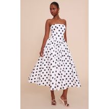 Robe bustier mi-longue patineuse tissée noire et blanche froncée à pois, Noir & Blanc