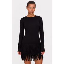 Robe très courte en maille tricot fine noire à manches longues et ourlet frangé, Noir
