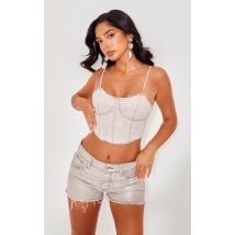 Petite Top corset en jean argenté métallique, Argenté