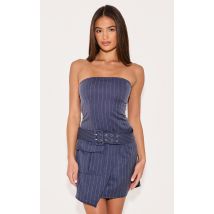 Robe bustier droite bleu marine finement rayée à poche et ceinture, Bleu Marine