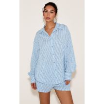 Chemise en effet lin bleu à rayures et manches longues, Bleu