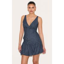 Mini-jupe bouffante en jean bleu marine à fines rayures, Bleu Marine