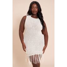 Plus Mini robe en maille style crochet écrue à col bateau et franges, Ecru
