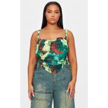Plus Top corset en mesh superposé vert imprimé abstrait, Vert