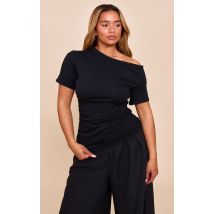 Shape T-shirt noir froncé sur les côtés à épaule dénudée, Noir