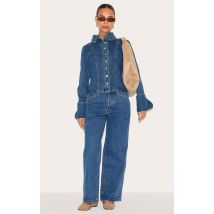 Petite Jean droit bleu moyen délavé à taille mi-haute, Bleu Moyen Délavé