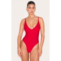 Maillot de bain basique rouge à col rond plongeant, Rouge