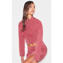 Veste courte en jean délavé rouge à col nageur, Rouge Délavé
