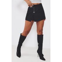 Jupe-short courte tissée noire à détail boutons, Noir