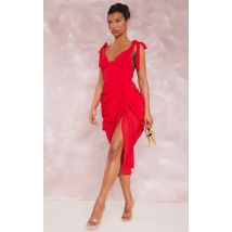 Robe mi-longue rouge drapée détail armatures, Rouge
