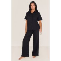 Ensemble de pyjama long en étamine noire à manches courtes, Noir