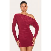 Robe Mini Asymétrique Épaule Dénudée Double Épaisseur Stretch Couleur Vin, Rouge Vin