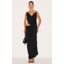 Robe longue en mousseline de soie noire à découpe drapée, Noir