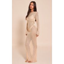 Robe longue tricotée à sequins dorés manches longues petite taille, Doré