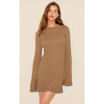 Robe droite texturée taupe à col bateau et manches longues, Taupe