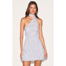 Mini robe bouffante grise imprimé vichy froncée, Gris