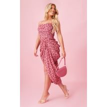 Pink Floral Print Chiffon Ruched Drape Midi Dress, Pink