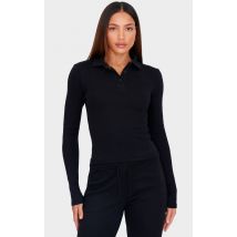 Tall Black Collared Long Sleeve Rib Top, Black