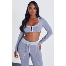 Shape Crop top manches longues en coton gris clair délavé à crochets et œillets, Gris  Clair