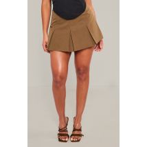 Jupe-short de tailleur patineuse tissée kaki à plis creux, Kaki