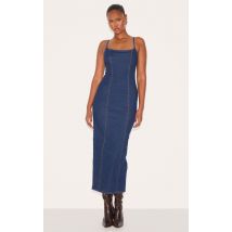 Robe mi-longue en jean indigo à bretelles fines, Indigo
