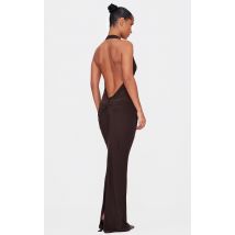 Robe longue douce chocolat à col bénitier et torsade derrière, Chocolat