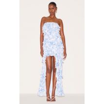 Robe bustier longue imprimé bleue à volants, Bleu