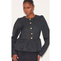 Veste péplum noire à boutons et manches ballon, Noir