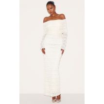 Robe longue texturée blanche à col bardot, Blanc