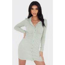 Sage Green Brushed Rib Long Sleeve Ruched Shirt Dress