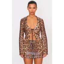 Chemise marron imprimé léopard nouée devant à sequins et manches longues, Marron