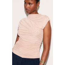 Top long en mesh doublé nude froncé, Nude