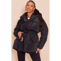 Maternité Doudoune de grossesse oversize noire à détail col et ceinture, Noir