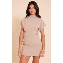 Mini robe taupe froncée à mancherons, Taupe