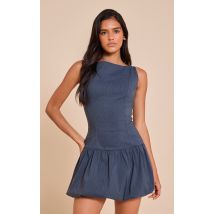 Robe bouffante tissée stretch bleue, Bleu
