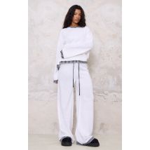 Pantalon en maille tricot crème à cordons ajustables et coutures contrastées, Crème