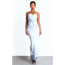 Robe longue en jean tie & dye bleu à bustier, Bleu