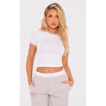 T-shirt blanc sans coutures à ourlet dentelle, Blanc