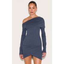 Mini robe côtelée bleu marine à col bardot drapé, Bleu Marine