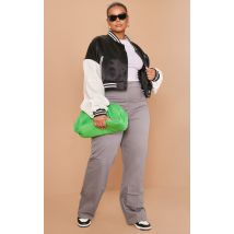 Plus Black Stripe Trim Contrast Sleeve Satin Cropped Varsity Bomber