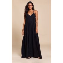 Robe longue noire froncée à bretelles fines, Noir
