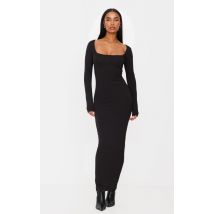 Robe longue en coton noir à col carré et manches longues, Noir