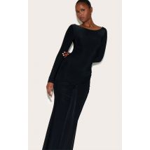 Robe Mi-longue Noire Fluide Double Épaisseur, Taille Basse Nouée, Noir