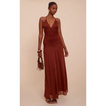Robe longue chocolat froncée à bretelles fines, Chocolat