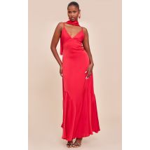 Robe longue satinée rouge à col en v, Rouge